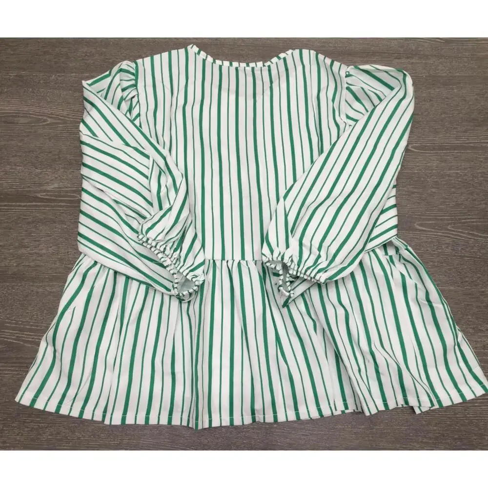 Amazon White Green Striped Lace Up Puff Sleeve Peplum Blouse Women Size Small - Picture 2 of 2